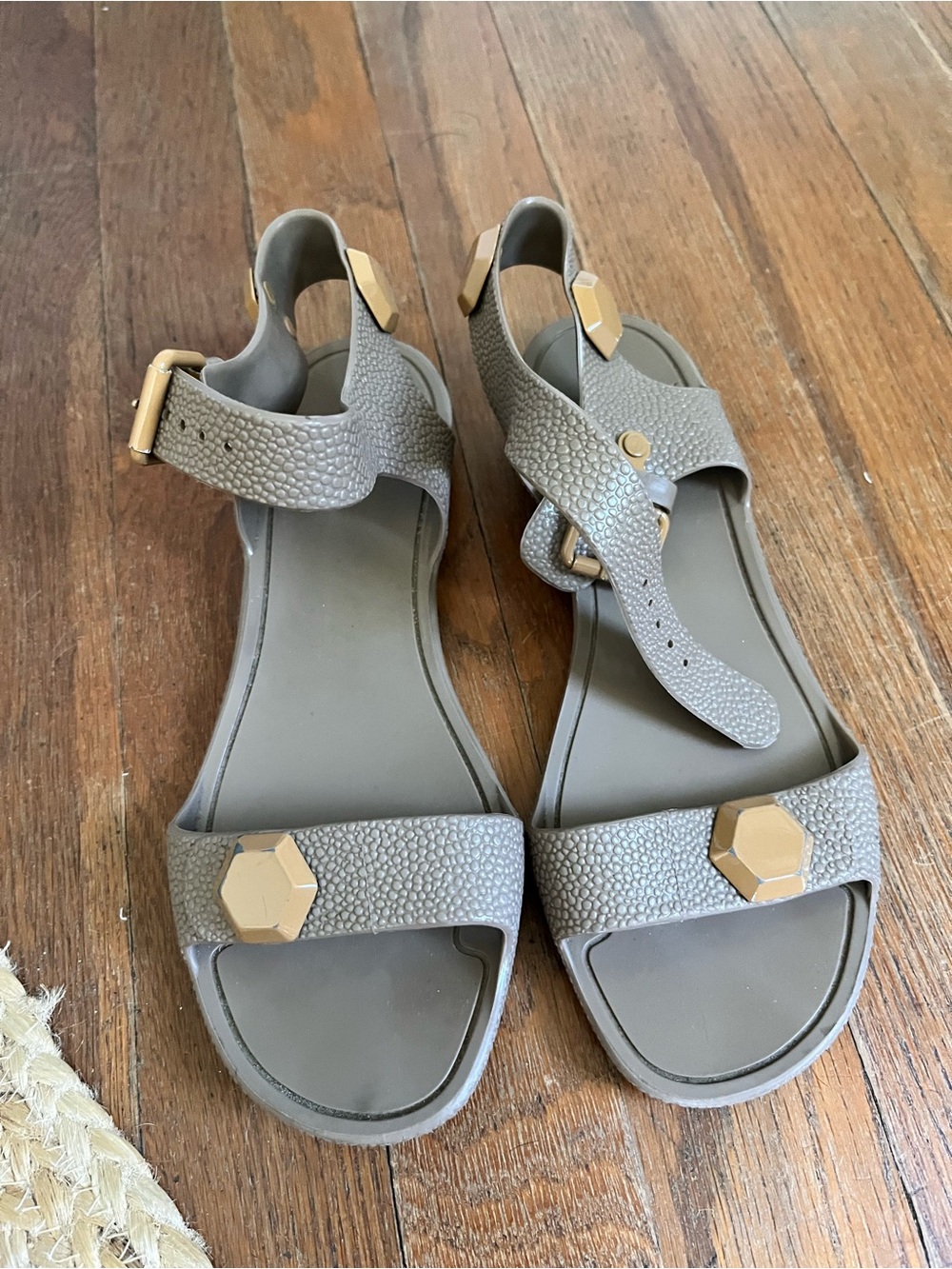 Givenchy Gray Women's Textured Leather Sandals with Gold Accents